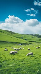 Capture a peaceful scene of livestock, such as cows or sheep, grazing in a lush green pasture against a backdrop of rolling hills and a clear sky, AI generated - obrazy, fototapety, plakaty