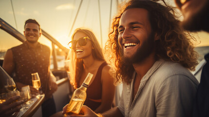 Attractive young men and women hanging out, drink champagne while having a party in yacht.