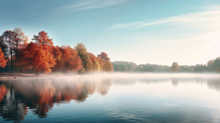 Autumn landscape with lake and trees.