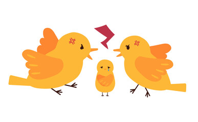 子供の前で激しく喧嘩する鳥の両親