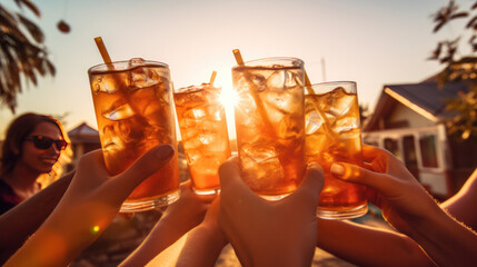 photograph of Group of Happy friends toasting cocktail glasses outdoors at summer vacation. 