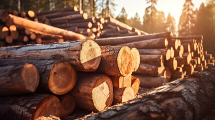 Group of Log trunks pile, Wooden trunks pine, Logging timber wood industry. - Powered by Adobe