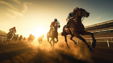 Horses and jockeys battling for first position on the race track, Horse racing concept. - obrazy, fototapety, plakaty