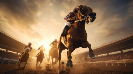 Horses and jockeys battling for first position on the race track, Horse racing concept.