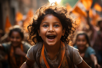 portraits of children of Indian origin celebrating the republic day of india, they are in a gathering of people and there are Indian flags. republic of india - obrazy, fototapety, plakaty