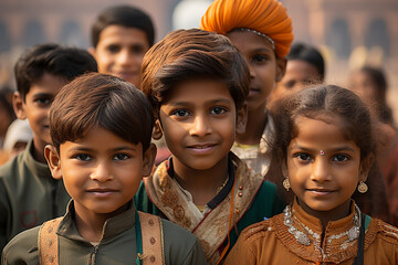 portraits of children of Indian origin celebrating the republic day of india, they are in a gathering of people and there are Indian flags. republic of india - obrazy, fototapety, plakaty