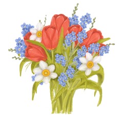 Watercolor spring flowers bouquet with tulips, forget me not flowers, daffodils. Illustration isolated on white background. Greeting card, birthday, woman’s day, mom’s say. Print, poster.j