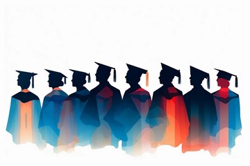 Colorful silhouette of high school graduates in caps side view - obrazy, fototapety, plakaty