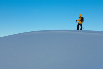 Schneeschuh Wanderin genießt Blick auf winterliche Landschaft - obrazy, fototapety, plakaty