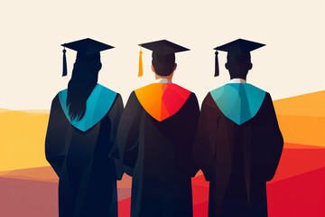 Colorful silhouette of high school graduates in caps back view - obrazy, fototapety, plakaty