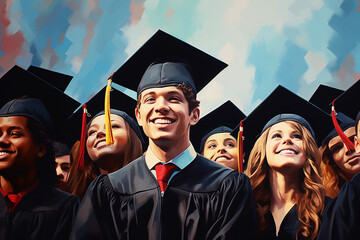 Happy high school graduates in caps. School graduation - obrazy, fototapety, plakaty