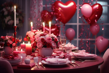 Pink table setting for Valentine's Day, glasses and plates for romantic dinner, festive atmosphere with flowers, candles, heart baloons