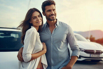 Young happy couple standing near the car. Buying a new car concept