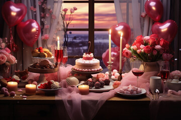 Obraz na płótnie Canvas Pink table setting for Valentine's Day near the window, glasses and plates for romantic dinner, festive atmosphere with flowers, candles, heart baloons