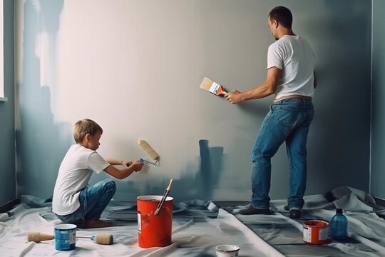 Father and small son are painting wall together with paint roller and brush. Father's day. Labour day