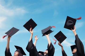 Hands holding high school graduates caps on the blue sky background - obrazy, fototapety, plakaty