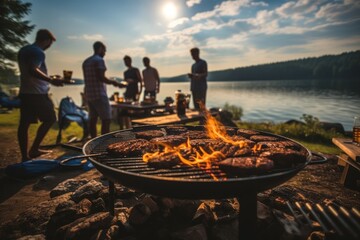 Group of friends on a barbecue picnic, Grilling meat close to a lake. - Powered by Adobe