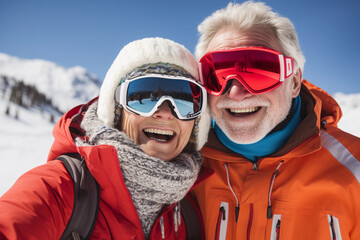 Portrait of seniors couple in ski resort wearing winter clothes. Active aging