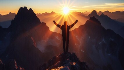 Silhouette of man celebrating raising arms on the top of mountain with beautiful sunset - obrazy, fototapety, plakaty