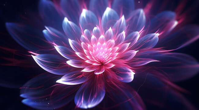 Neon pink flower glowing with soft, luminous energy. Abstract space futuristic blue black background.
