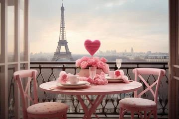 Poster Valentine's Day table set for romantic breakfast in Paris decorated with heart and flowers. Table on the balcony overlooking the Eiffel Tower © Oksana