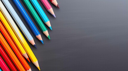 Pencils of different colors in a row on a black textured background - Powered by Adobe
