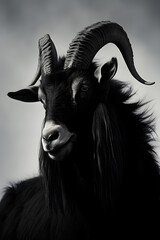 Black goat portrait. Isolated on grey background