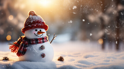 Obraz premium Merry christmas and happy new year. Snowman with a carrot nose, hat, scarf, stick arms and christmas ornaments standing outside on winter scenery snow background. Winter fairytale. Generative ai