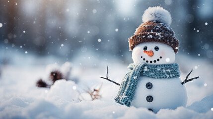 Fototapeta premium Merry christmas and happy new year. Snowman with a carrot nose, hat, scarf, stick arms and christmas ornaments standing outside on winter scenery snow background. Winter fairytale. Generative ai