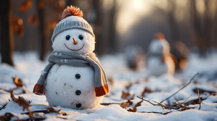 Fototapeta premium Merry christmas and happy new year. Snowman with a carrot nose, hat, scarf, stick arms and christmas ornaments standing outside on winter scenery snow background. Winter fairytale. Generative ai