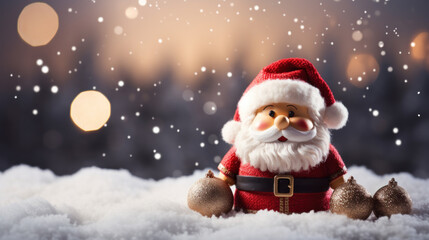 Naklejka na ściany i meble Merry christmas and happy new year. Cute Santa Claus and christmas festive on blurred light winter scenery snow. Fairytale character for Ads, banner, social media. Generative ai
