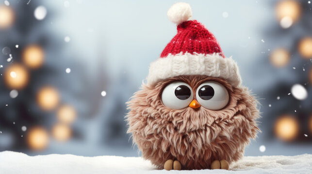 Merry christmas and happy new year. Cute owl and christmas festive on blurred light winter scenery snow. Fairytale character for Ads, banner, social media. Generative ai