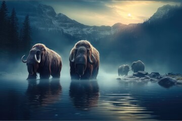 Woolly mammoths on summer mountain pond at night, Waterfall mist.