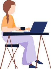 woman working on laptop and holding a coffee cup illustration in flat style