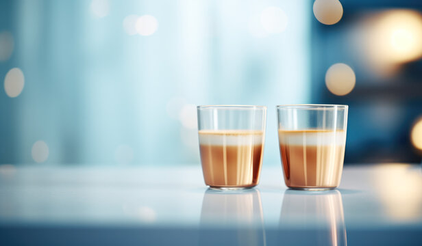 Two milk and coffee drinks are placed on a table in front of bokeh lights.
