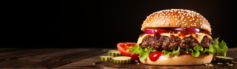 Close-up homemade beef burger on wooden table. Banner background