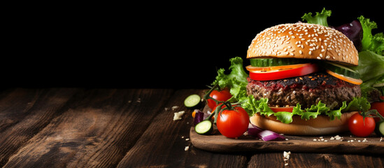 Close-up homemade beef burger on wooden table. Banner background