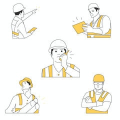 Civil engineer or architect or construction workers characters Set. Simple vector flat design construction team characters line-up. Set of construction workers Vector illustration stroke line editable