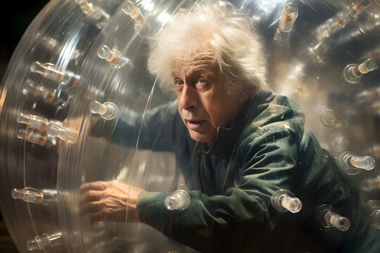 elderly retired man zorbing enjoying an active and fun lifestyle in retirement