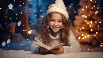A happy girl is writing in a copybook on the table wearing snow costume, Snow is falling, New year atmosphere.