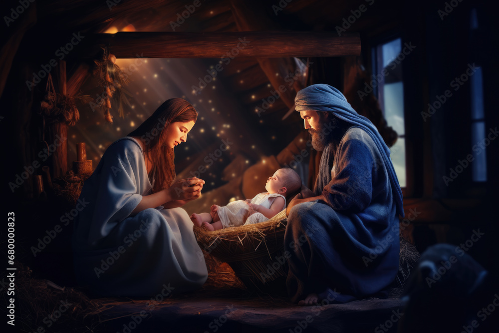 Wall mural nativity scene with mary, joseph and newborn baby jesus. christian christmas scene with holy family.