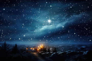 Christmas night. Comet star in night starry sky of Bethlehem. Nativity scene. Jesus Christ birth. The star shines over the manger of Jesus Christ. - obrazy, fototapety, plakaty