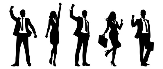 Victorious Business Executives Celebrating Success with Raised Arms in Silhouette Businessman and woman expressing joy silhouette black filled vector Illustration icon