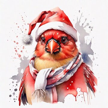 Watercolor illustration, christmas concept, happy New year,christmas red cardinal gbird with Santa Claus hat jpg.