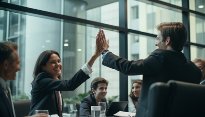 Business people high five in boardroom
