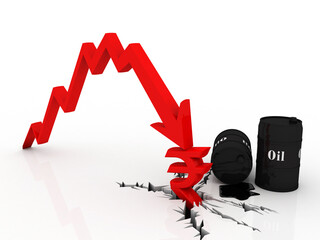 
3d illustration Oil price, Oil Industry concept with Barrel and indian rupee near deflation graph