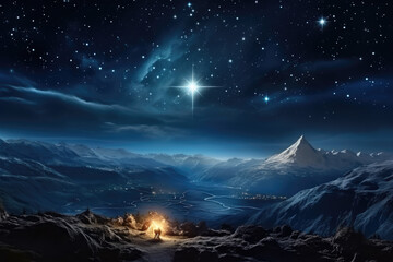 Christmas night. Comet star in night starry sky of Bethlehem. Nativity scene. Jesus Christ birth....