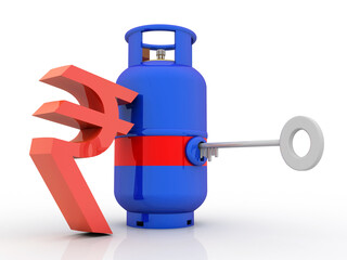 3D rendering illustration Gas Cylinder with indian rupee 