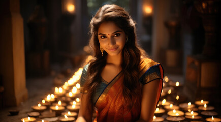Beautiful gorgeous young woman lighting clay lamps and celebrating Indian festival of Diwali with happy face, Outfit beautiful saree.