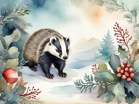 Vintage watercolor style, little cute badger on enchanting Christmas winter background. Generative AI
